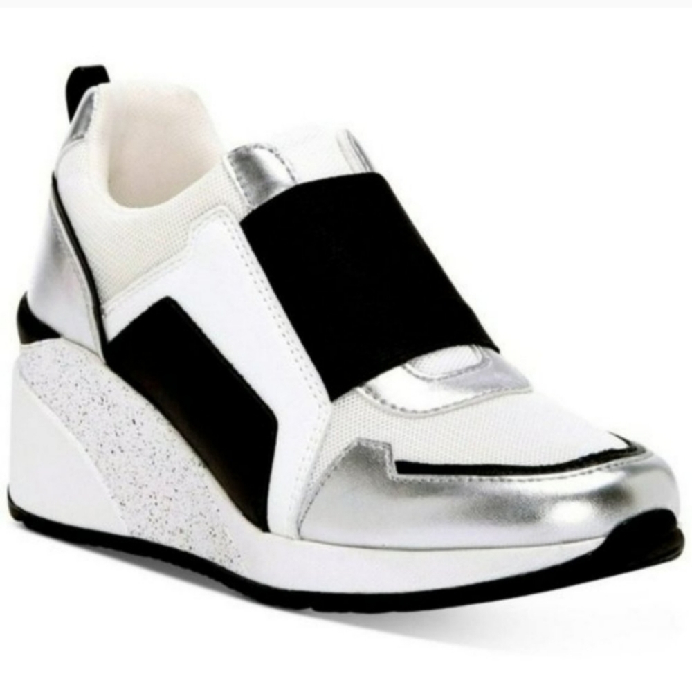 INC International Concepts Heily Stretch Wedge Sneakers Black Bling 7